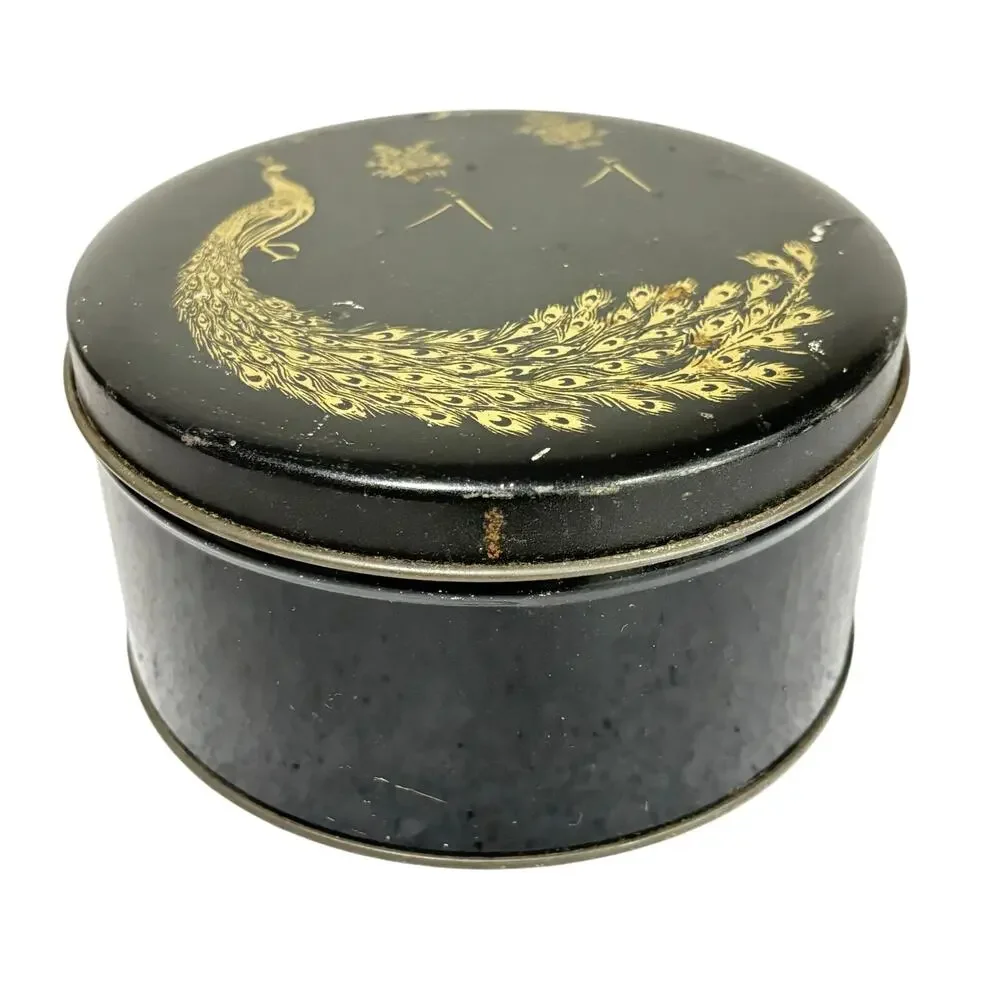 Vintage candy cookie biscuit tin black & gold peacock motif Art Deco storage